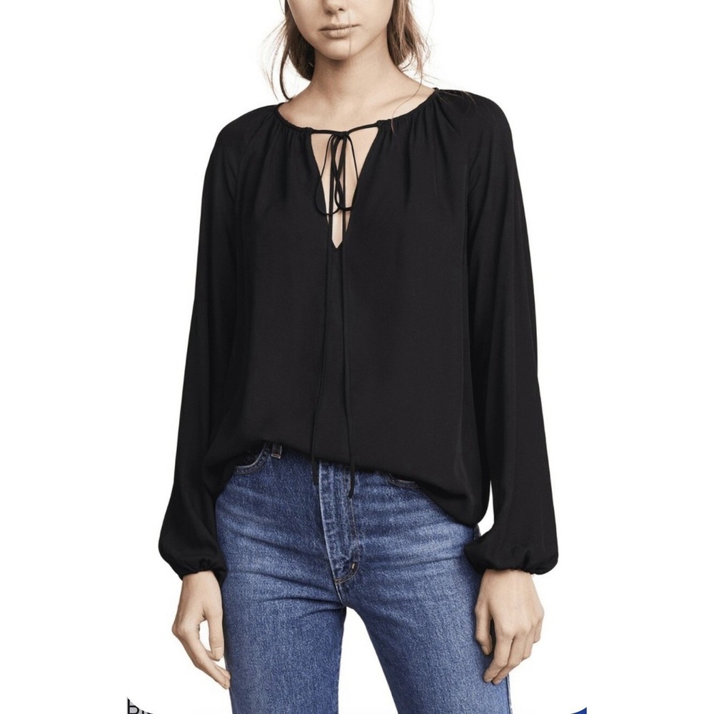 Theory L 100% Silk Gathered Slit Tie Neck Tunic Peasant Blouse Black Whimsigoth